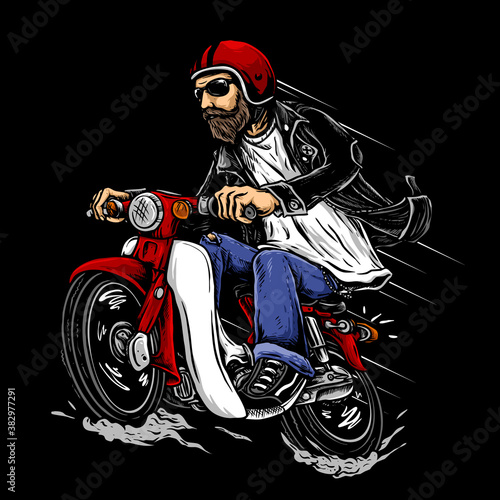 biker with bearded and retro helmet ride a small engine classic or vintage Japanese motorcycle vector illustration