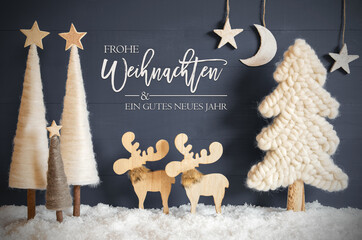 German Calligraphy Frohe Weihnachten Und Ein Gutes Neues Jahr Means Merry Christmas And A Happy New Year On Black Background With Snow. Trees And Moose. Moon And Stars For Night Atmosphere