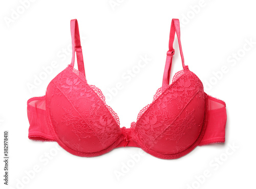 Stylish female bra on white background