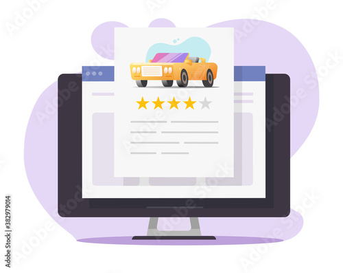 Automobile testimonial review feedback, car vehicle rental shop rank reputation text online website on computer pc, customer rating internet web page vector flat cartoon, test drive auto access modern