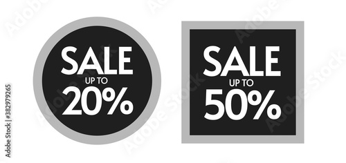 Discount off sale up to 20 and 50 offer percentage promotion icon vector label banner, black friday idea, ten and fifty clearance tag sticker text isolated