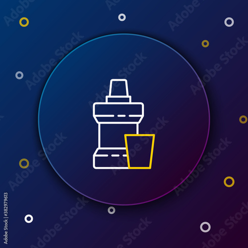 Line Mouthwash plastic bottle and glass icon isolated on blue background. Liquid for rinsing mouth. Oralcare equipment. Colorful outline concept. Vector.