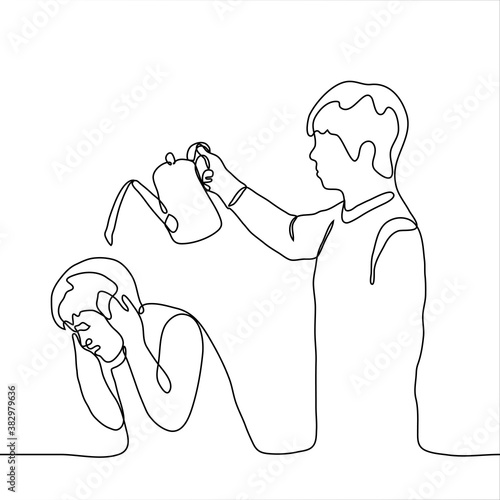 man stands with a watering can from which he pours another, his victim crouched and grabbed his head. one line drawing concept to bring someone to their senses / cool someone's ardor, bullying