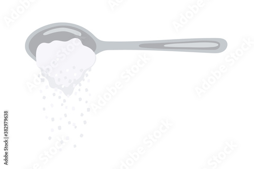 Pouring sugar spoon full of powder crystals of salt or sugar vector illustration. Teaspoon side view with cooking and baking ingredients need for drinks - coffee or tea. Clean organic eco food.