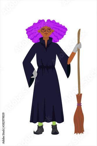 black skinned teenager girl with purple hair in a witch's costume / cloak with a broom in her hand stands in full growth. Vector illustration of a child in cartoon style