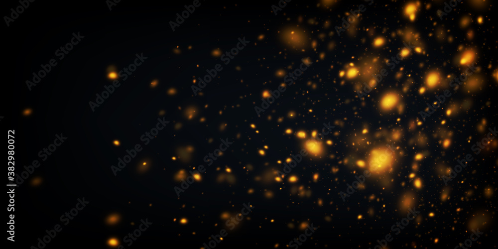 Vector abstract background with glowing golden particles. Defocused glitter effect. Sparkling lights on black.