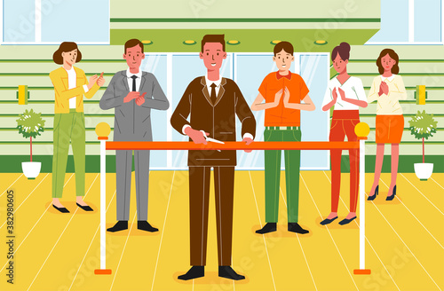 inauguration of the building with ribbon cutting and many people applauded vector illustration