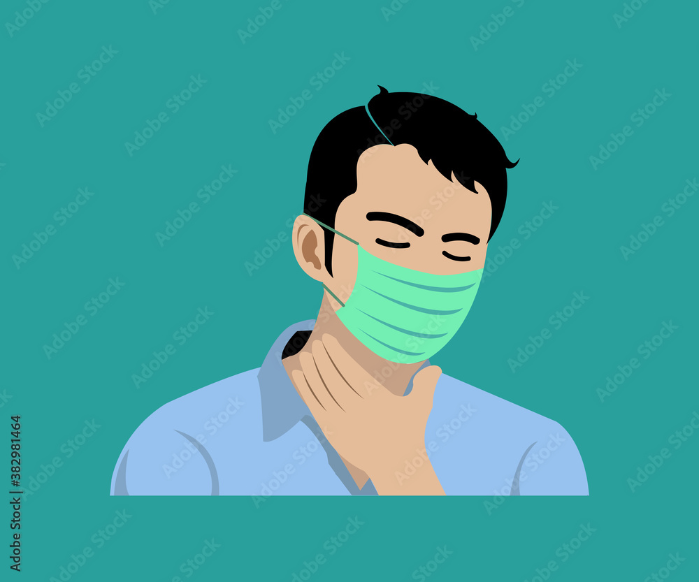 Image of an adult man wearing a protective mask holding his neck feeling pain in his throat.