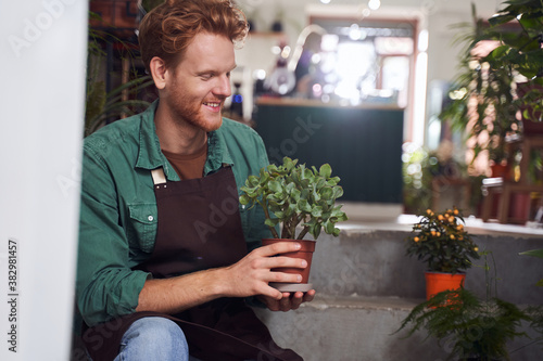 Handsome decorator holding plant in pot