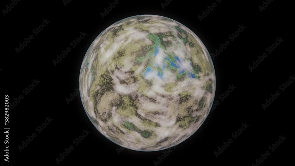 Animated spinning exoplanet with large lakes and huge lands with some marsh territories and thicker clouds. More green foliage near water bodies. Whole planet is illuminated as if sided always toward Animated spinning exoplanet with large lakes and huge lands with some marsh territories and thicker clouds. More green foliage near water bodies. Whole planet is illuminated as if sided always toward