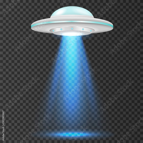 UFO - alien spaceship with blue lights. isolated on background. Vector illustration.