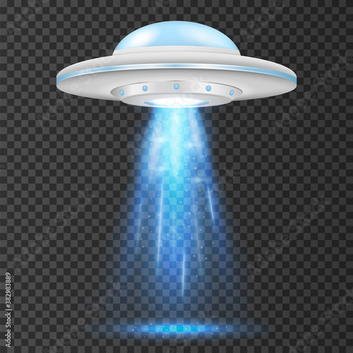 UFO - alien spaceship with blue lights. isolated on background. Vector illustration.