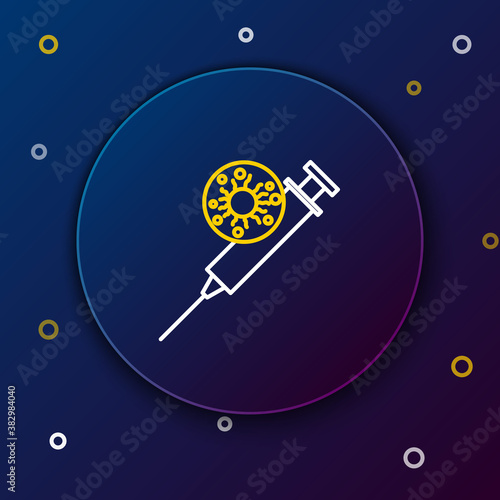 Line Syringe and virus icon isolated on blue background. Syringe for vaccine, vaccination, injection, flu shot. Medical equipment. Colorful outline concept. Vector.