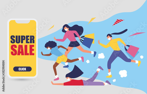 Sale promotion with text SUPER SALE and ethnic girl on mobile phone design for banner sale with lovely women running go to shopping in abstract background.and colorful shirt. Vector illustration. 