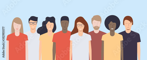 Young people of different nationalities and races stand together. Vector illustration.