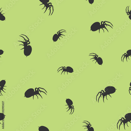 Seamless pattern black spiders big and small silhouette on green background, vector eps 10 © Valentyna