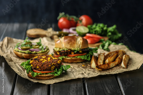A low angled photo of a homemade vegan burger. 