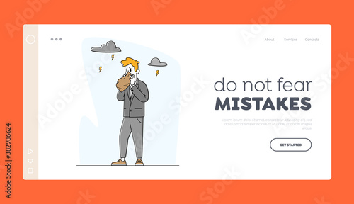 Fear or Mental Health Problems Landing Page Template. Panic Attack in Public Place. Businessman Character Having Panic