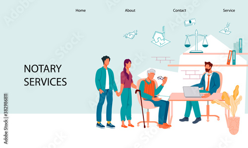 Website banner template for law firm and notary legal service. Notary advises clients and offers legal assistance to the elderly in inheritance and probate matters, flat vector illustration. photo