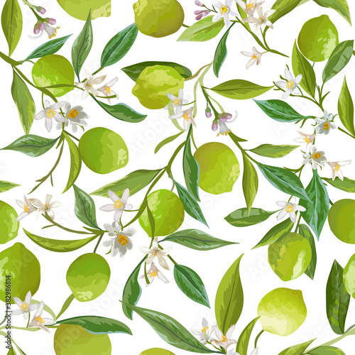 Floral Lime Seamless Pattern, Vector Citrus Fruits, Flowers, Leaves, Limes Branches Texture. Tropical Lemons