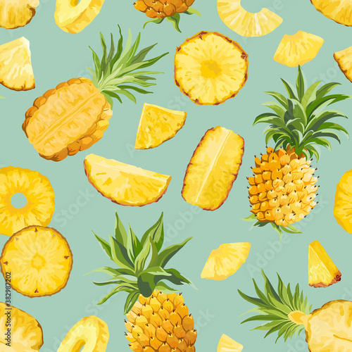 Seamless Pineapple Fruit Tropical Pattern, Tropic Texture, Colorful Vector Fruits Background, Jungle, Hawaii Cover