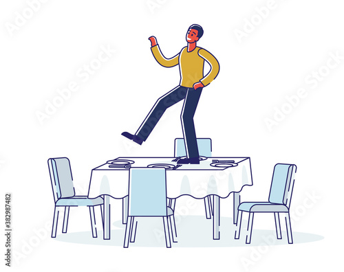 Man dancing on table celebrating achievement or business success. Drunk male dance