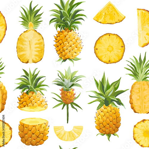 Pineapple Geometric Seamless Pattern, Vector Fashion Background, Exotic Fruits Texture, Tropic Jungle Wallpaper