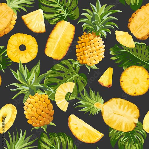 Tropical Pineapple Palm Leaves Vector Background, Exotic Fruit Seamless Texture, Tropic Jungle Pattern