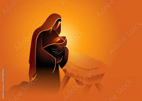 Biblical vector illustration series, Mary holding baby Jesus