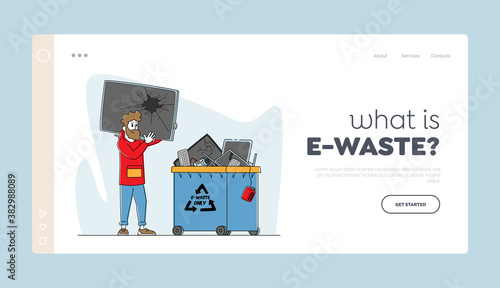 E-waste Recycling, Nature Protection Landing Page Template. Male Character Throw Broken TV to Litter Bin for Technics