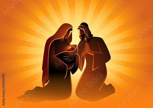 Nativity scene of The Holy Family, Mary and Joseph with baby Jesus