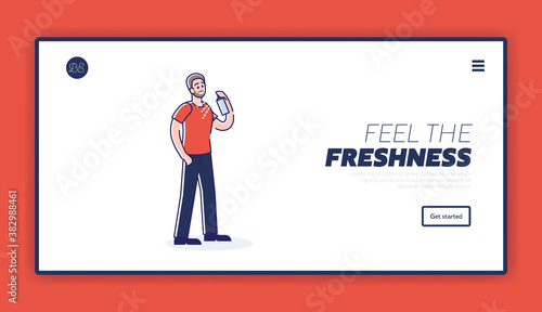 Freshness and hygiene landing page template with man applying spray deodorant