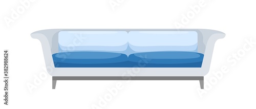 Contemporary fabric comfortable sofa isolated on white. Minimalistic settee for office or home interior. Comfy couch or ergonomic furniture. Flat vector illustration of soft stylish divan for lounge
