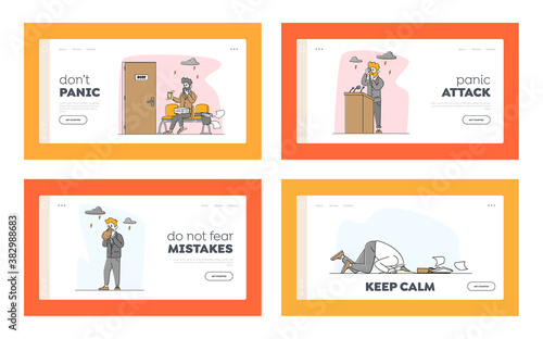 Male Characters with Panic Attack Landing Page Template Set. Psychology, Solitude, Fear, Mental Health Problem