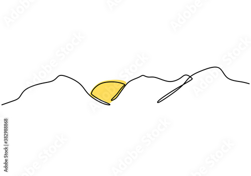 Continuous one line drawing of mountains. A beautiful scenery the sunrise between mountains isolated on white background. Perfect nature panorama. Minimalist style. Vector design illustration