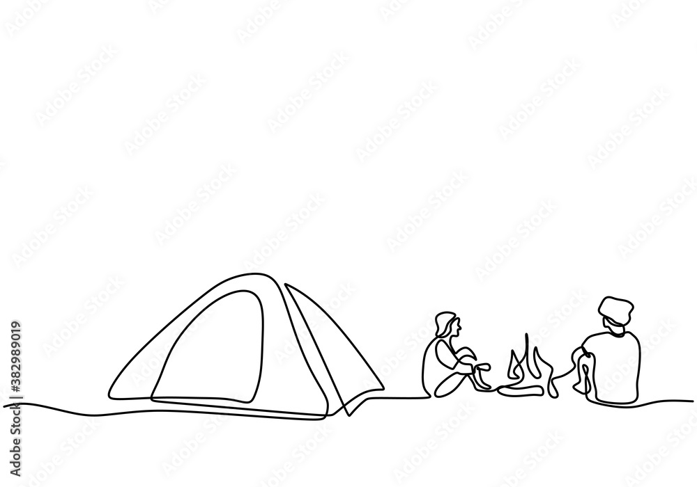 One line drawing people camping. Young man enjoy outdoor activity with  tents and campfire. Adventure camping and exploration. Happy male excited  by camping in the mountains enjoying nature Stock-Vektorgrafik | Adobe Stock