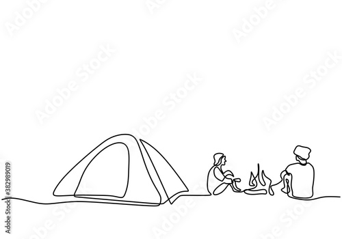 One line drawing people camping. Young man enjoy outdoor activity with tents and campfire. Adventure camping and exploration. Happy male excited by camping in the mountains enjoying nature