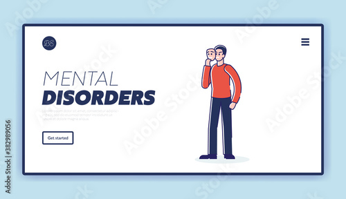 Mental disorder landing page concept with bipolar male character with two faces and emotions