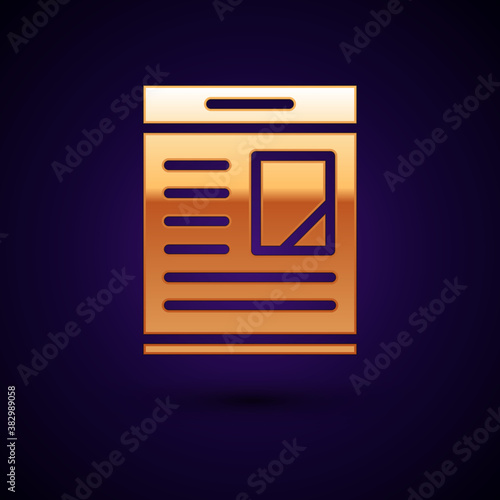 Gold Newspaper advertisement displaying obituaries icon isolated on black background. Vector.