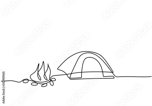 Continuous single line drawing of a lonely tent in mountains with campfire isolated on white background. Car caravan, travel trailer, camper,camper trailer concept. Minimalist style. Vector