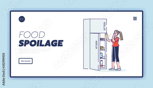Food spoilage landing page with woman opening fridge with spoiled terminated smelly products