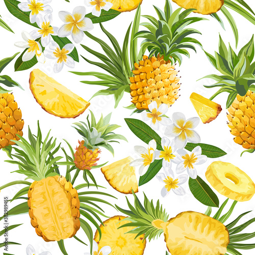 Tropical Flowers and Pineapple Seamless Pattern, Vector Fashion Exotic Background, Plumeria Fruits Texture