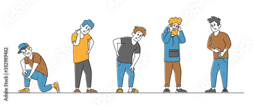 Set Male Characters Feeling Different Kinds of Pain Men Suffer of Ache in Knee, Neck, Back Head and Stomach Problems
