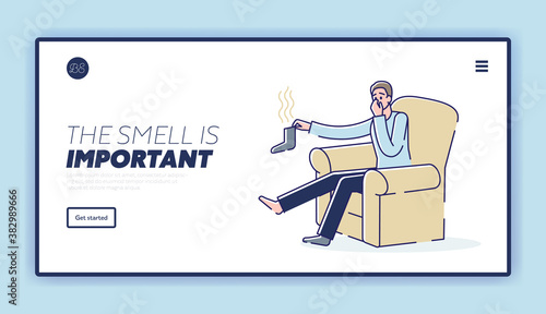 Stinky socks landing page template with man holding smelly sock and covering nose