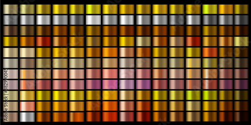 Vector Gradients collection. Gold, golden, gold rose, silver, bronze, copper, chrome colors gradient