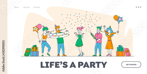 Characters Celebrate Surprise Birthday Party Landing Page Template. Friends in Festive Hats Playing Pipes with Balloons