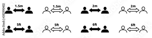 Set of social distancing icons. People divided by social distance lines of 1.5 and 2 meters and 5 and 6 feet. Vector Illustration