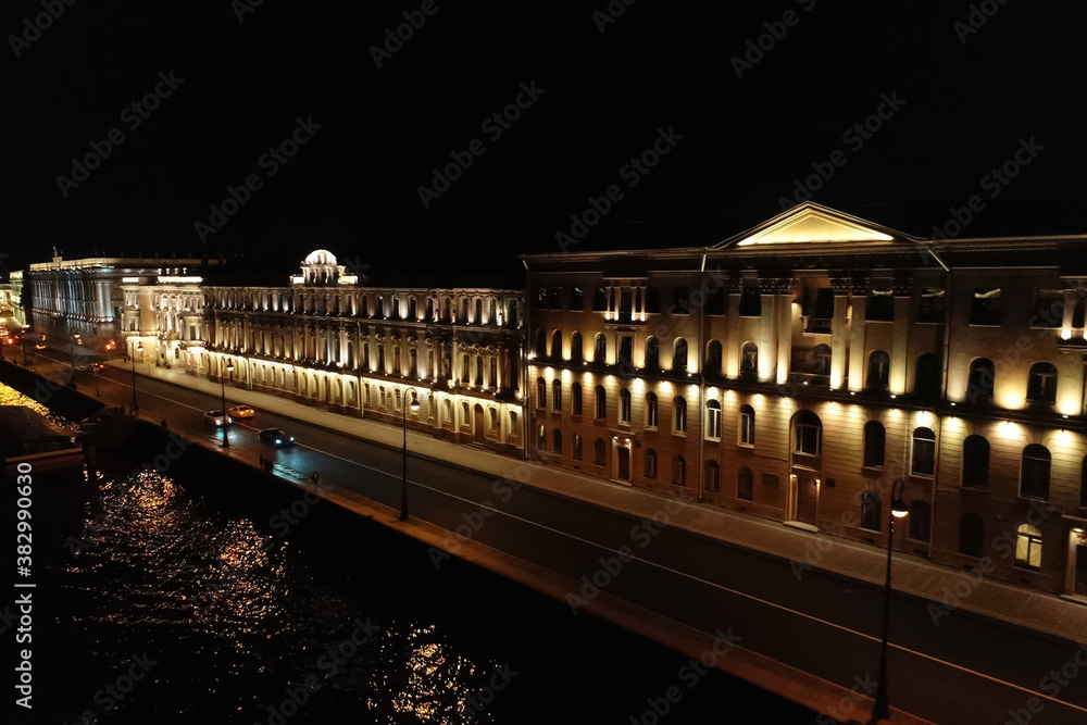 Aerial Townscape of Saint Petersburg City at Night. Central District