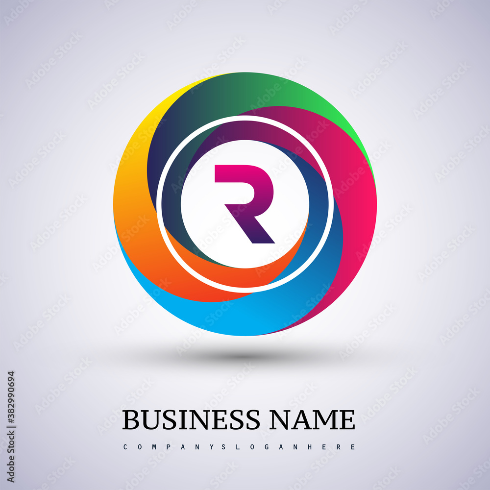 Letter R logo with colorful splash background, letter combination logo design for creative industry, web, business and company.