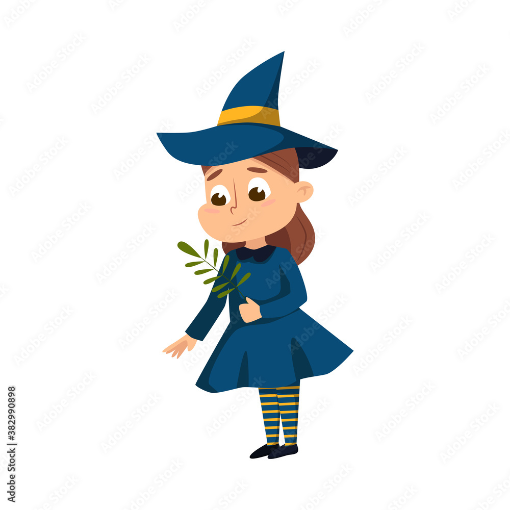 Little Witch with Magical Herb, Cute Girl Wearing Blue Dress and Hat Practicing Witchcraft Cartoon Style Vector Illustration